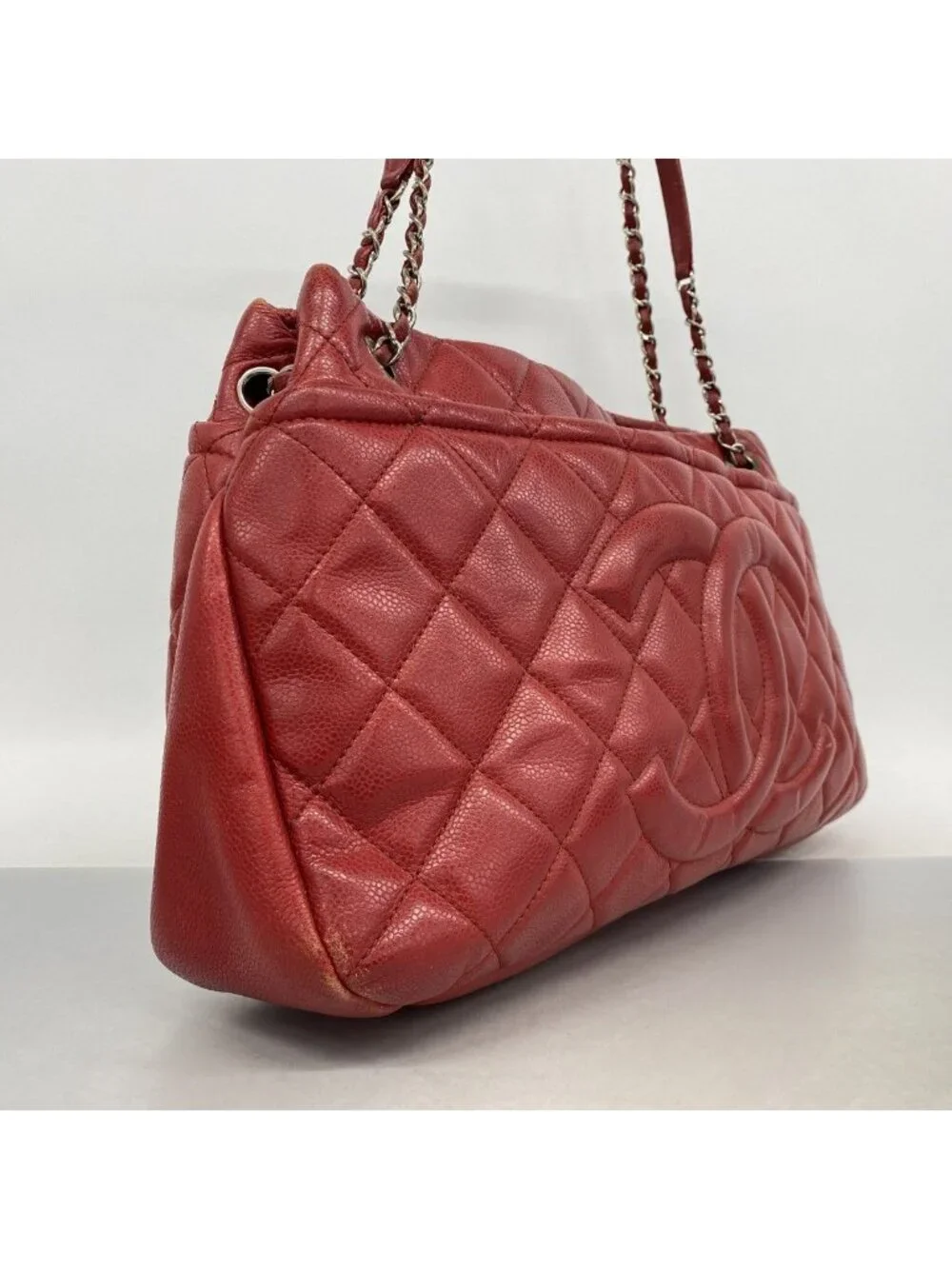 Chanel Chain Tote Quilted Caviar Leather Red Silver
